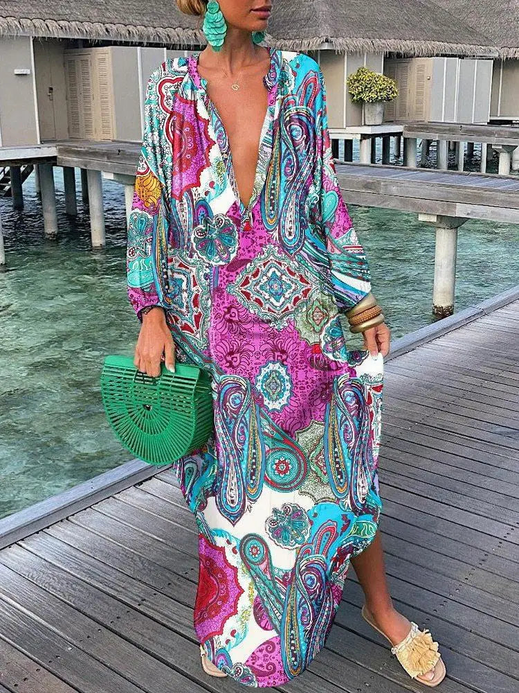 Abito Estivo Donna – Maxi Dress Boho con Stampa e Scollo a V Profondo - Lido nova 