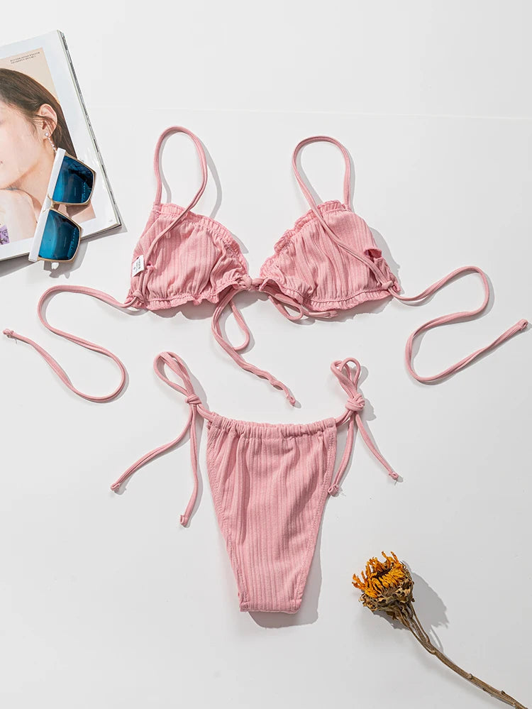 Bikini Donna 2026 a Costine Push Up Tinta Unita con Slip Sexy da Mare