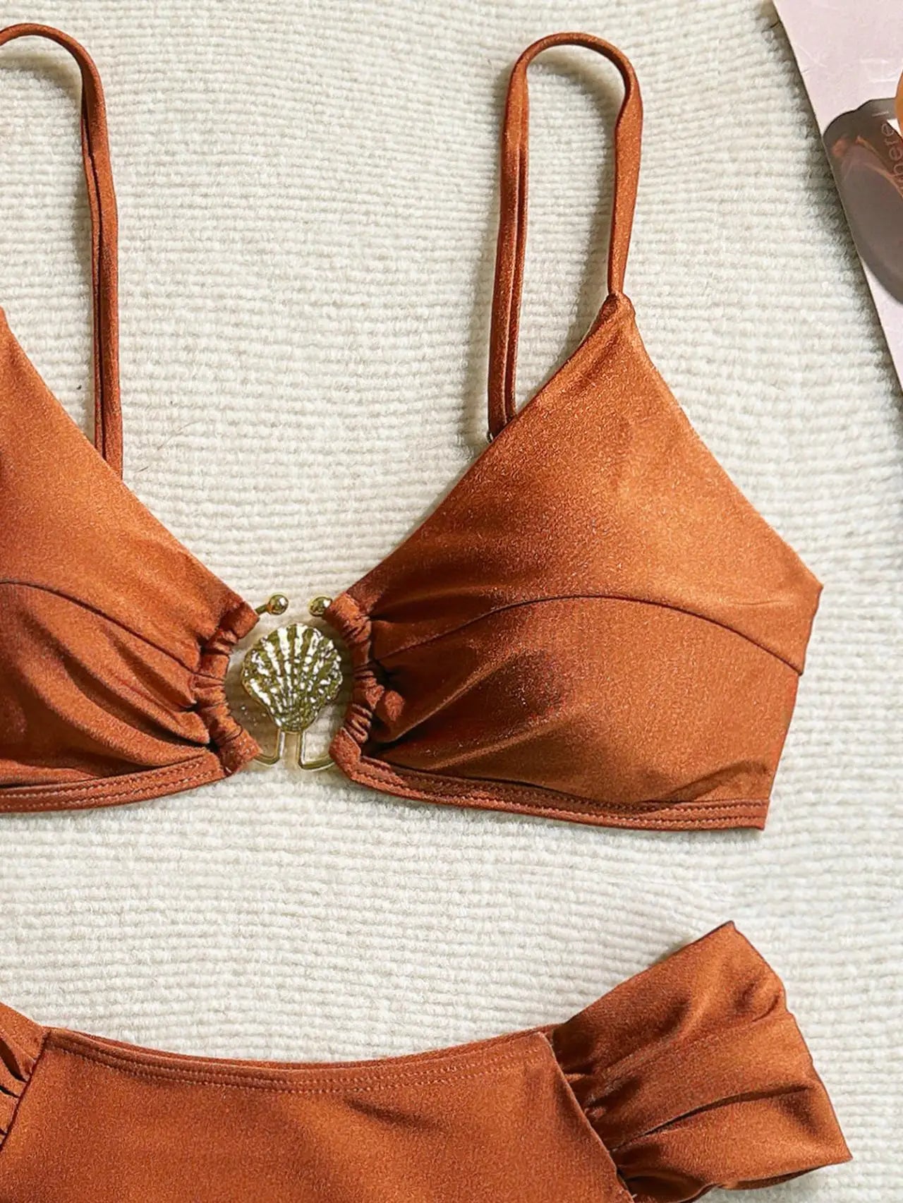 Bikini Donna 2026 Push Up Arancione con Slip Vita Alta Plissettato e Fibbia - Lido nova 