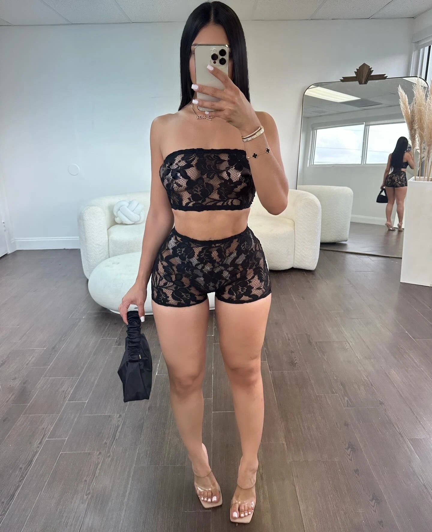 Set Estivo Donna 2026 2 Pezzi in Pizzo Trasparente con Tank Top e Shorts - Lido nova 