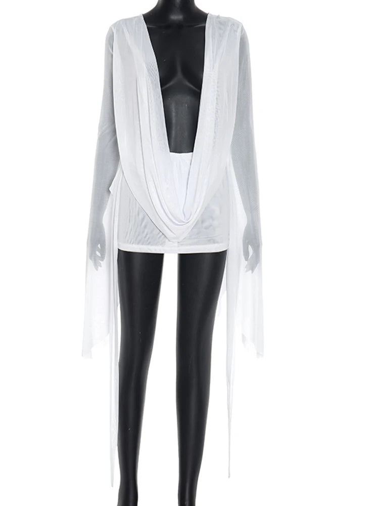 Mini Abito Estivo Donna 2026 Mesh Scollo a V Maniche Svasate - Lido nova 