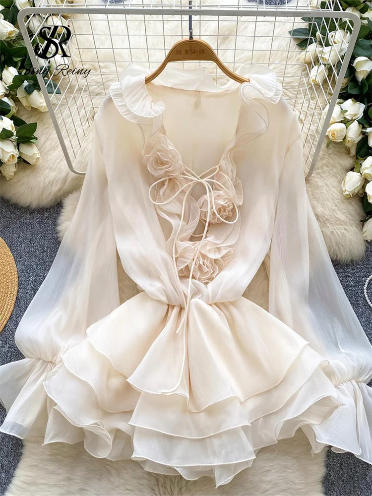 Abito Estivo Donna – Mini Dress Boho con Dettagli Floreali 3D e Maniche Lunghe - Lido nova 