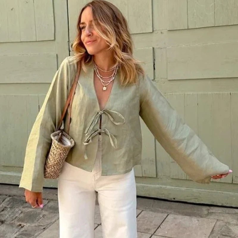 Top Estivo Donna 2026 Lino Verde Scollo a V Lace-Up - Lido nova 