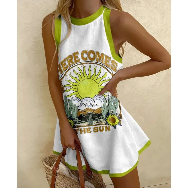 Abito Estivo Donna Lido Nova, mini dress boho smanicato con stampa leggera su sfondo chiaro, dettagli fluidi e freschi.