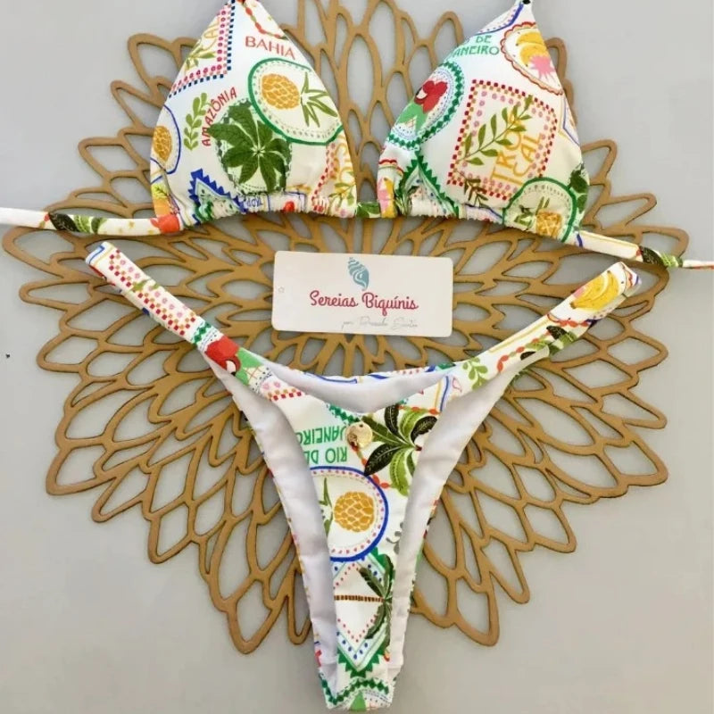 Bikini Donna 2026 Stampato Y2K con Halter Lace-Up e Slip Thong Sexy - Lido nova 