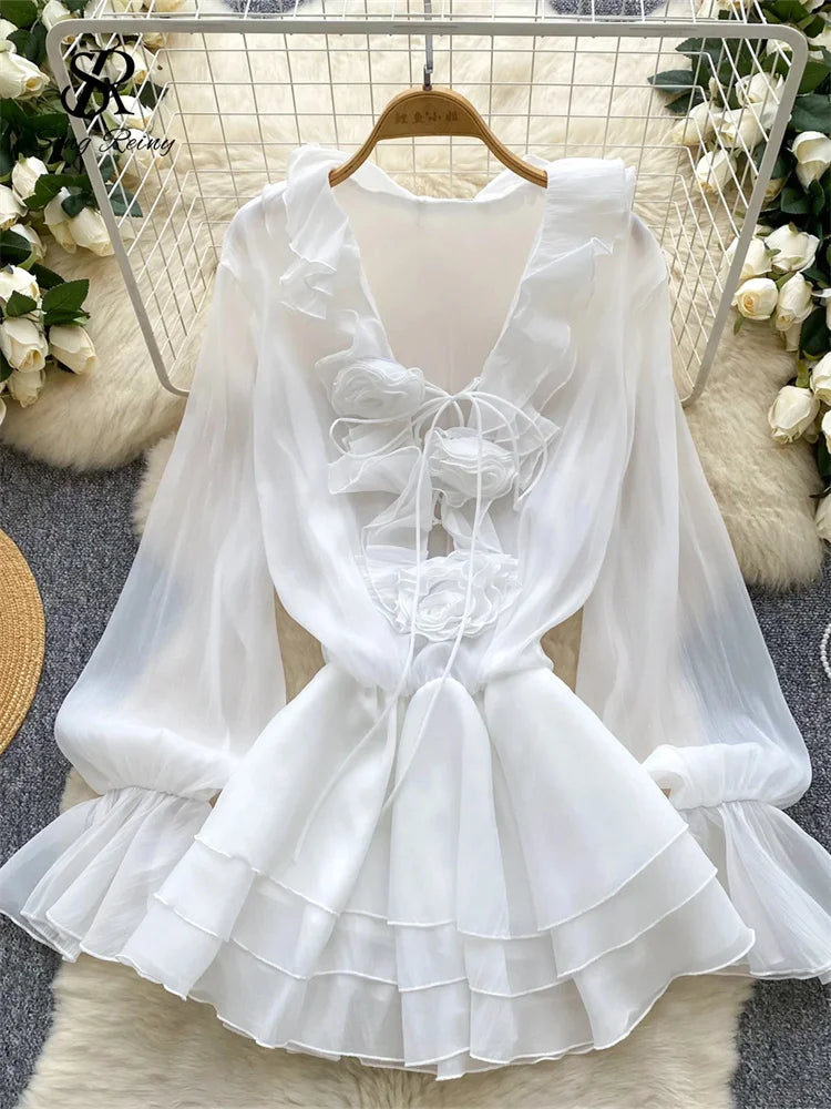 Abito Estivo Donna – Mini Dress Boho con Dettagli Floreali 3D e Maniche Lunghe - Lido nova 