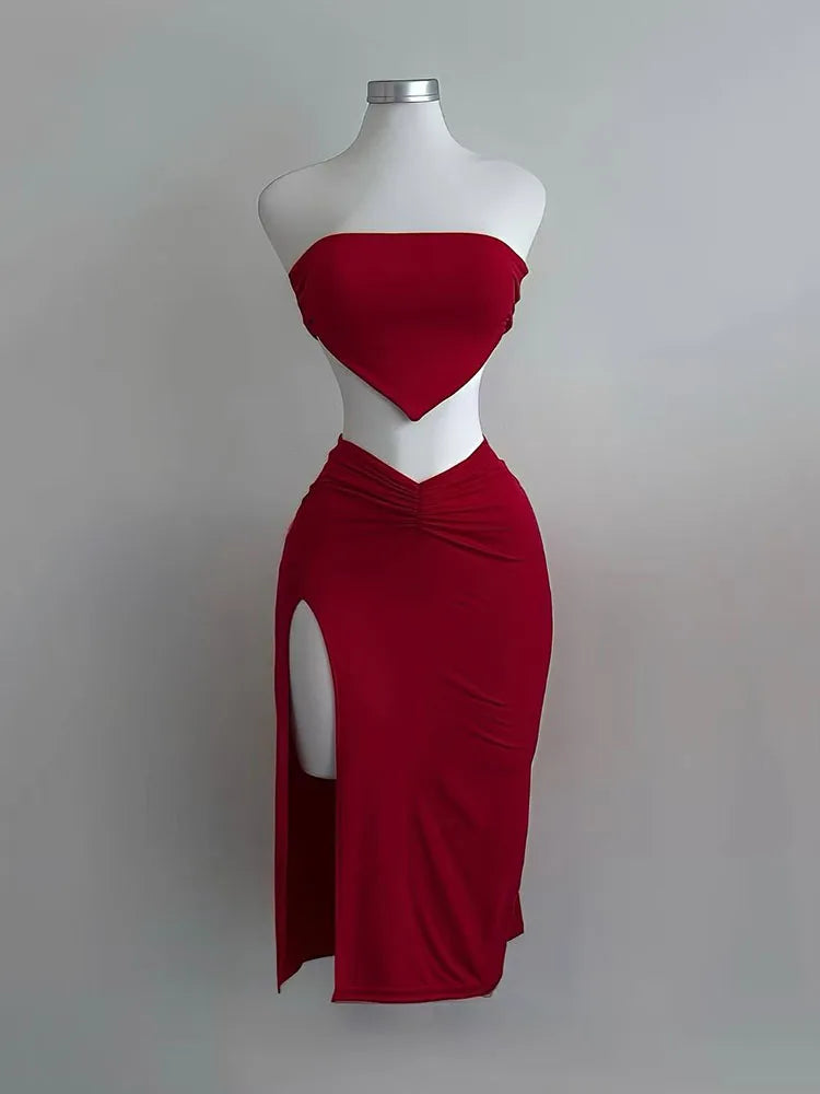 Set Estivo Donna 2026 2 Pezzi Strapless con Crop Top e Gonna Midi con Spacco - Lido nova 