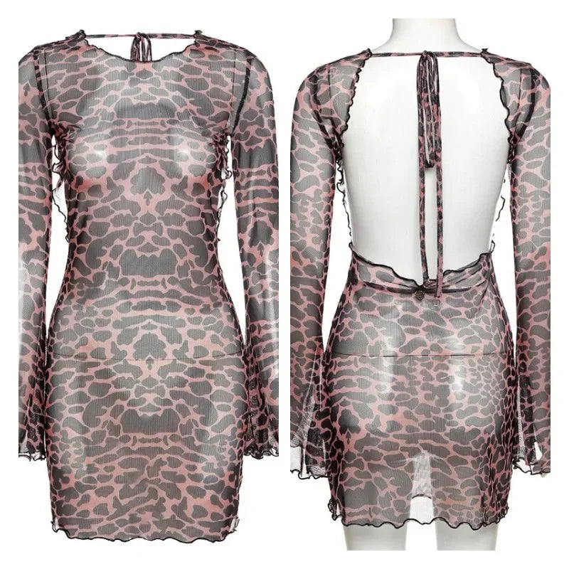Abito Copricostume Donna 2026 Mini Leopardato in Mesh con Schiena Scoperta - Lido nova 