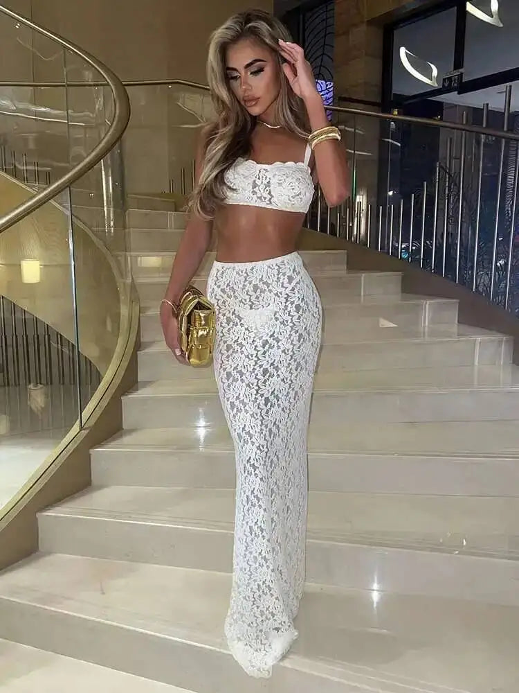 Set Estivo Donna 2026 2 Pezzi in Pizzo con Crop Top Strapless e Gonna Midi - Lido nova 