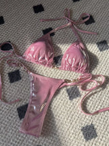 Women's Micro Bikini 2026 Shiny Pink with Pearls Push Up and Sexy Thong Briefs