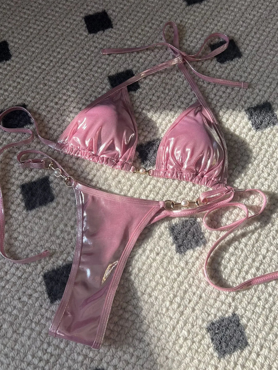 Micro Bikini Donna 2026 Rosa Lucido con Perle Push Up e Slip Thong Sexy