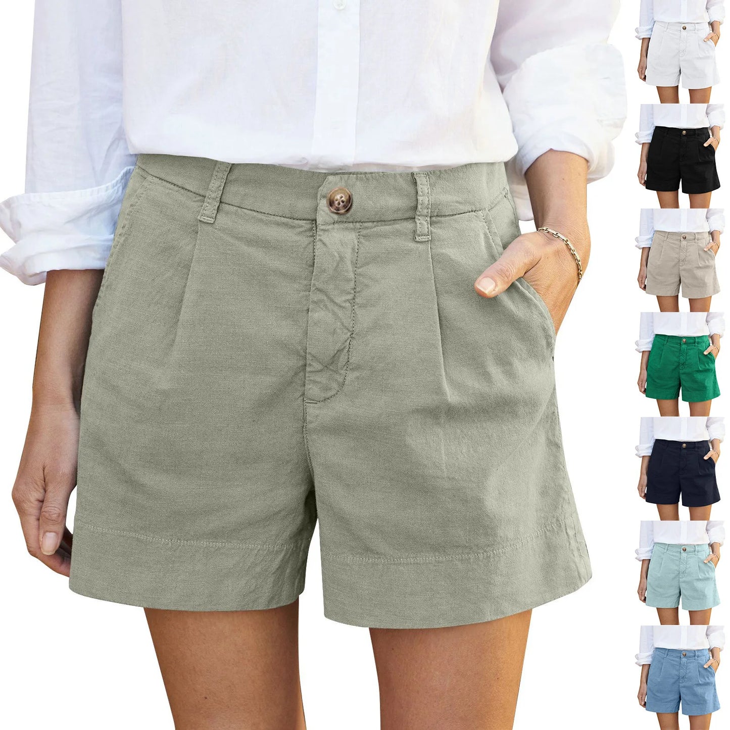 Shorts Estivi Donna 2026 in Cotone e Lino Vita Alta con Bottoni e Tasche - Lido nova 