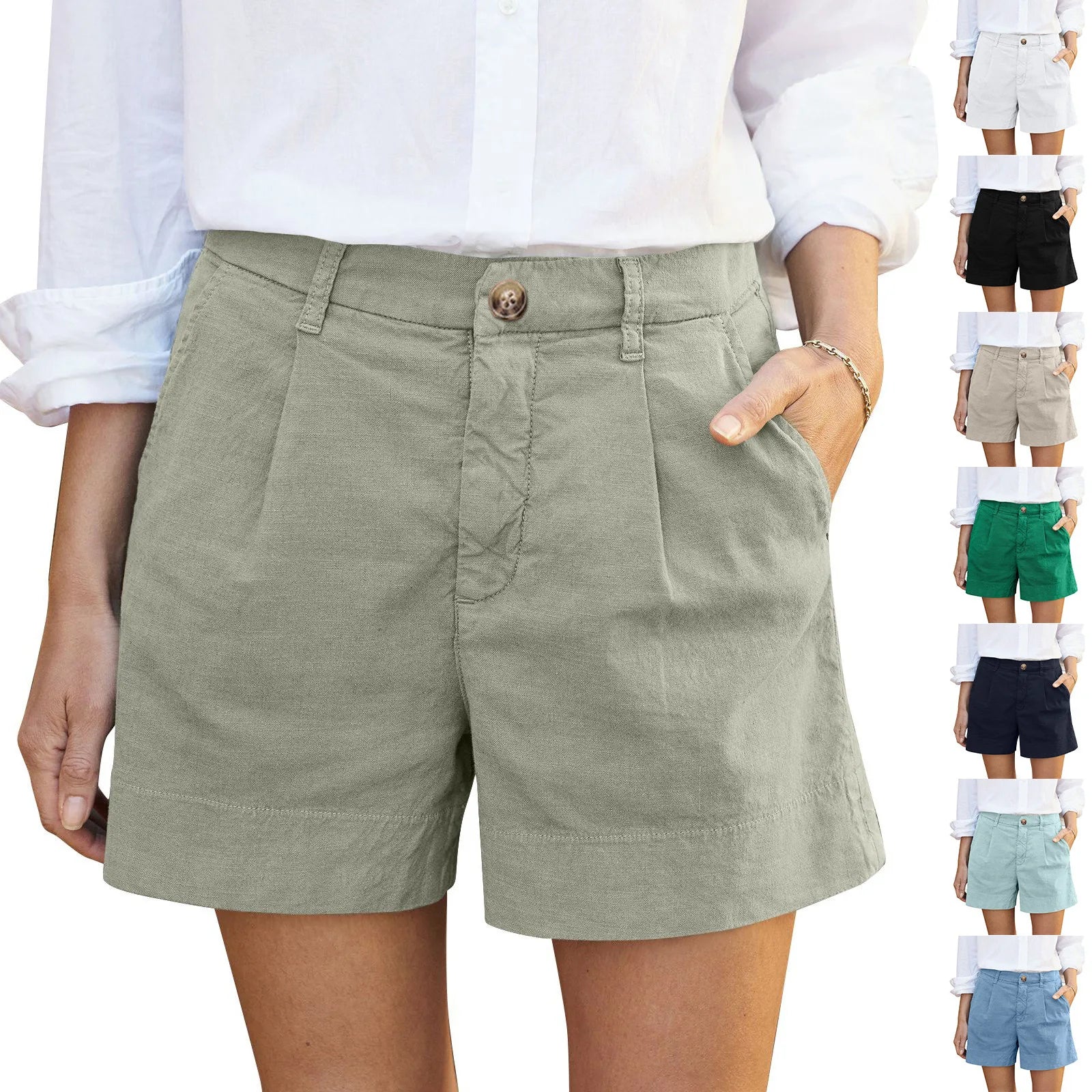Shorts Estivi Donna 2026 in Cotone e Lino Vita Alta con Bottoni e Tasche - Lido nova 