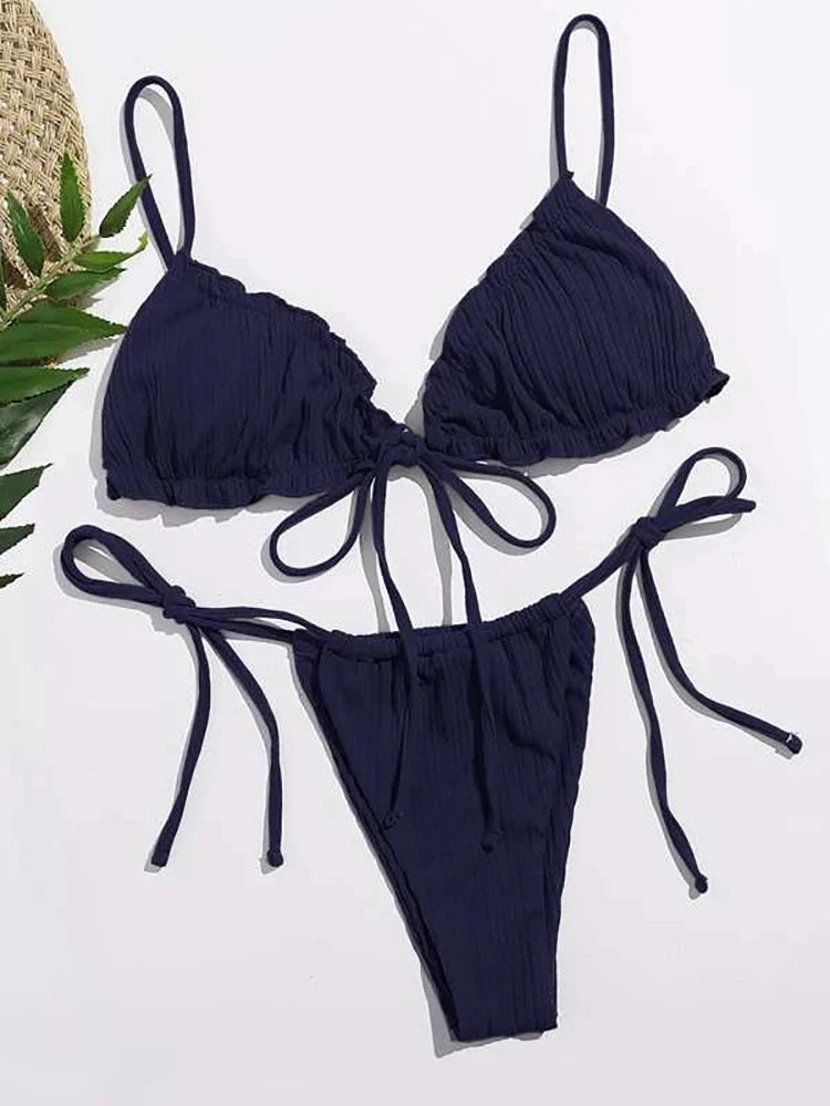 Bikini Donna 2026 a Costine Push Up Tinta Unita con Slip Sexy da Mare - Lido nova 
