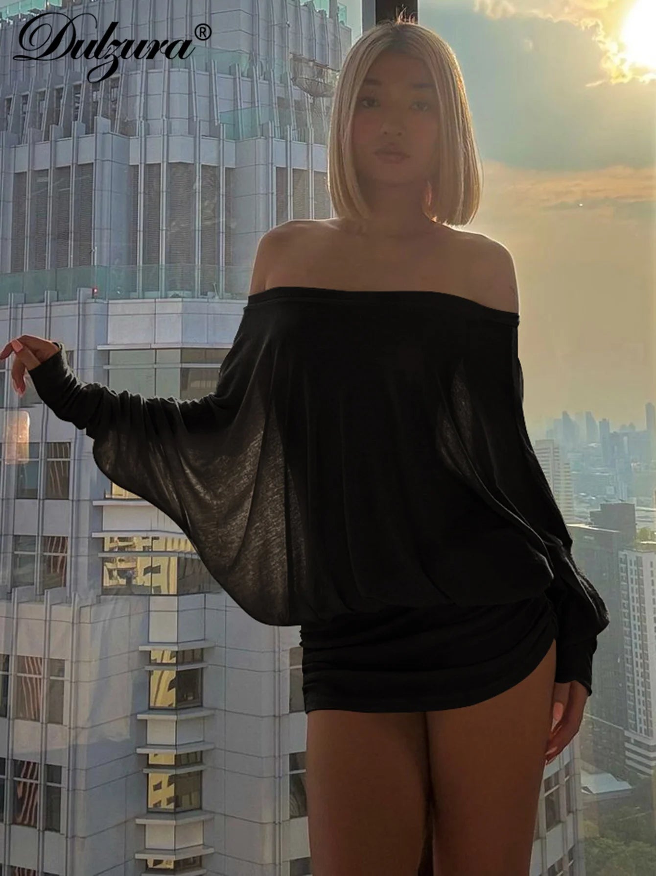 Mini Abito Estivo Donna 2026 Off Shoulder Maniche Lunghe Arricciato - Lido nova 