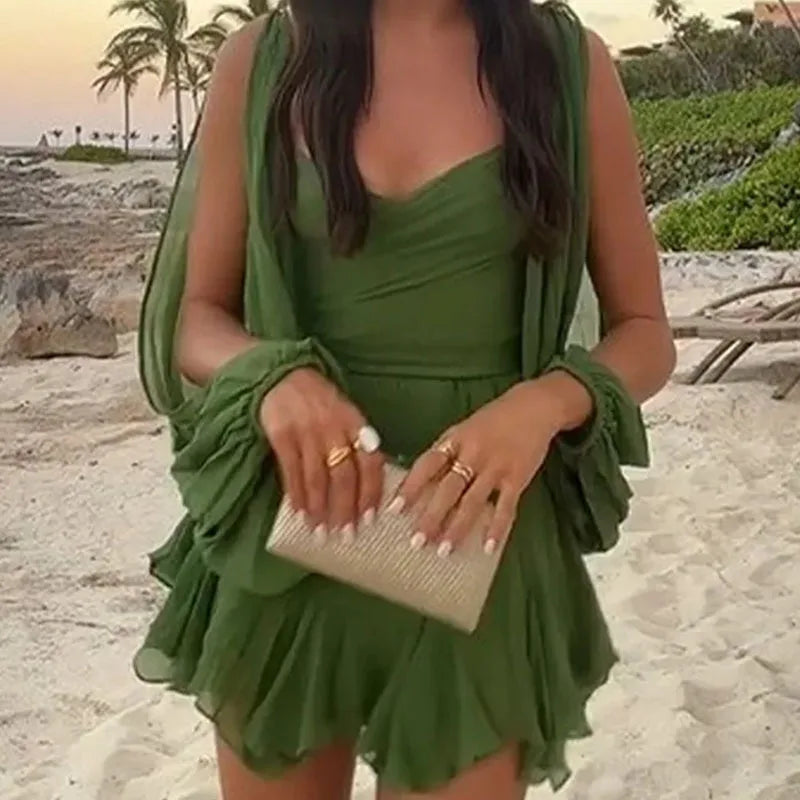 Mini Abito Donna 2026 in Mesh Verde con Maniche a Lanterna e Scollo a V Sexy - Lido nova 