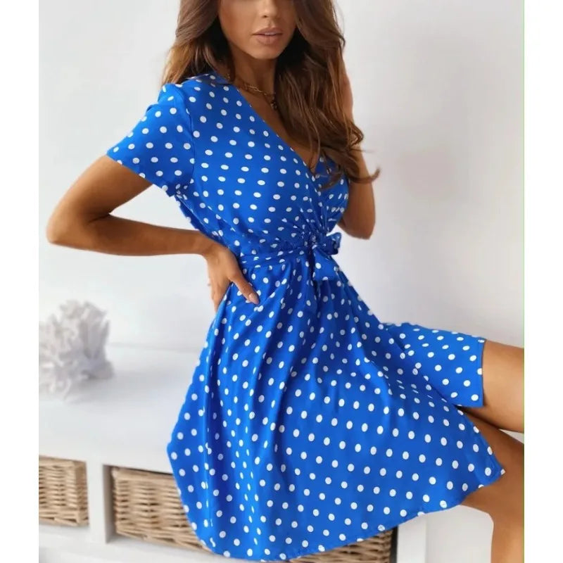Abito Estivo Donna – Dress a Pois con Maniche Corte, Scollo a V e Cintura - Lido nova 