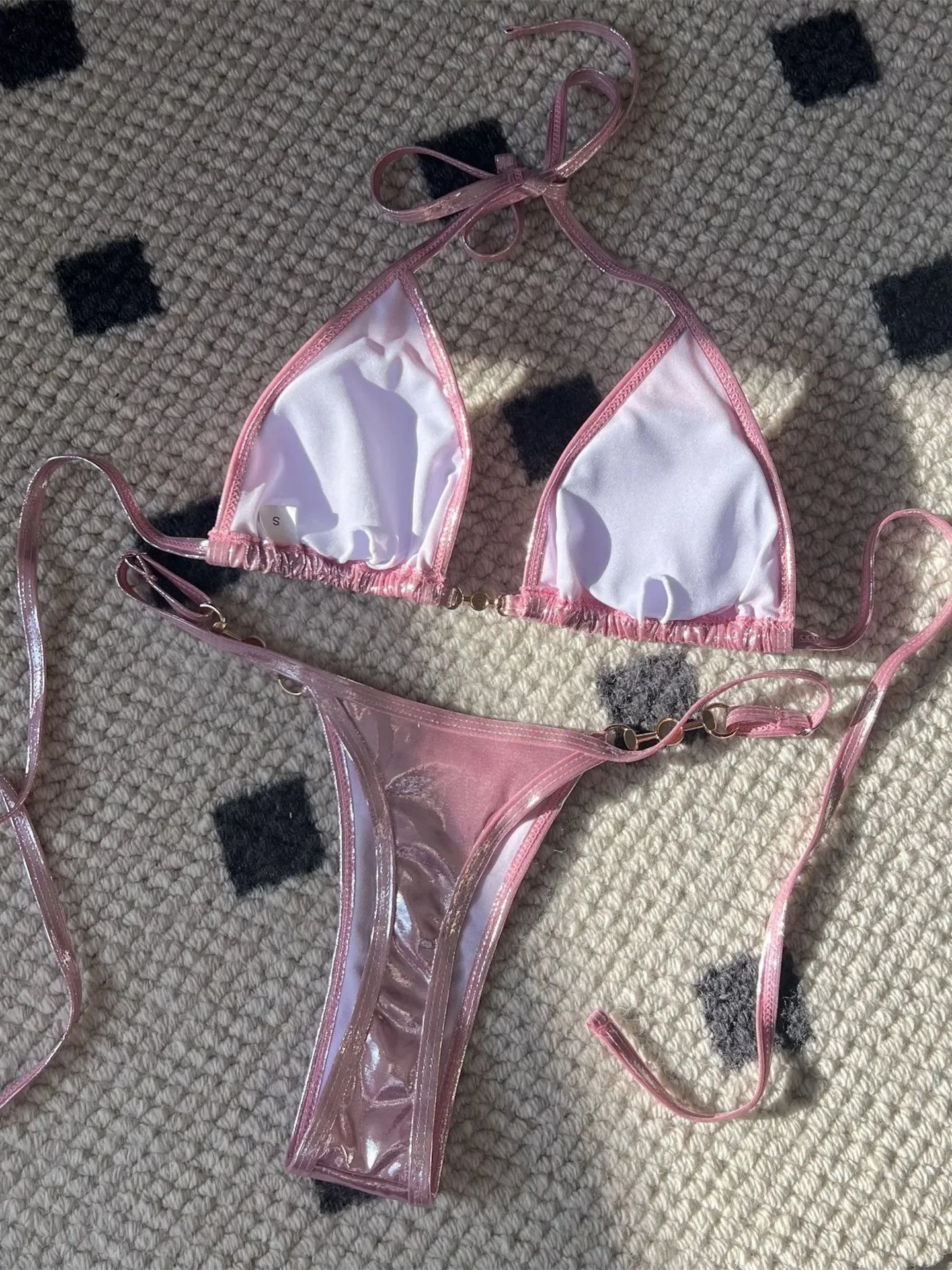 Micro Bikini Donna 2026 Rosa Lucido con Perle Push Up e Slip Thong Sexy - Lido nova 