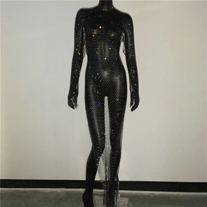 Abito Copricostume Donna 2026 in Rete con Strass e Spacco Laterale Sexy - Lido nova 