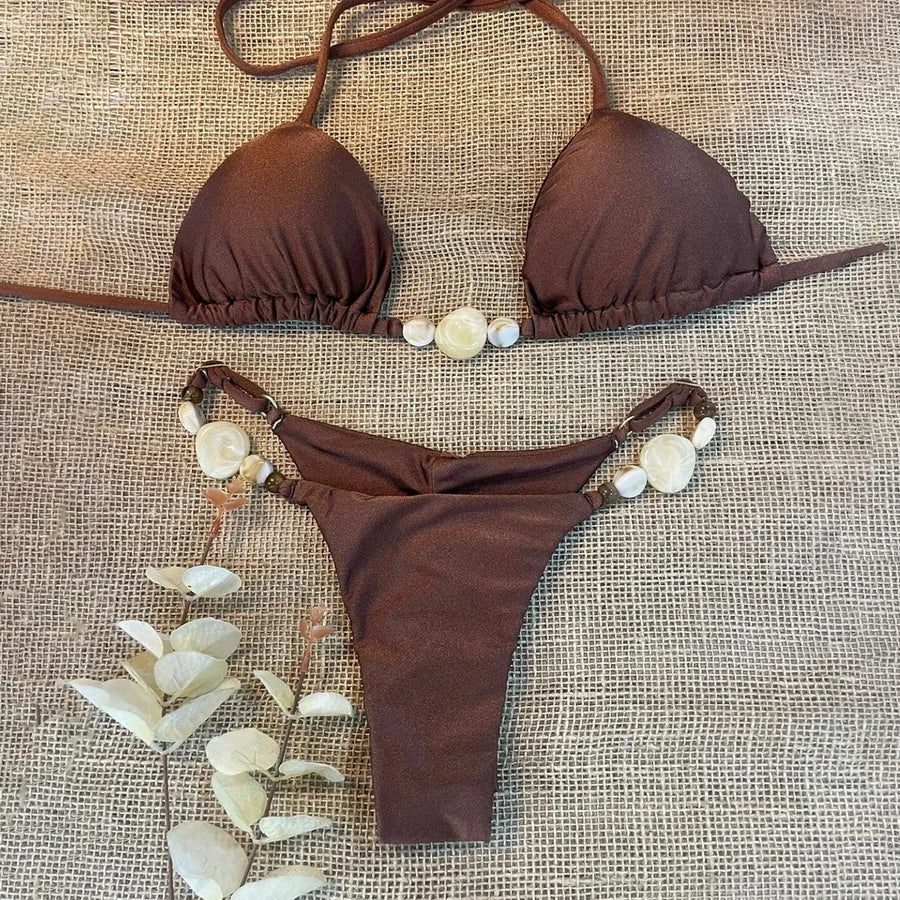 Bikini Donna 2026 a Triangolo con Halter e Laccetti Regolabili Tinta Unita