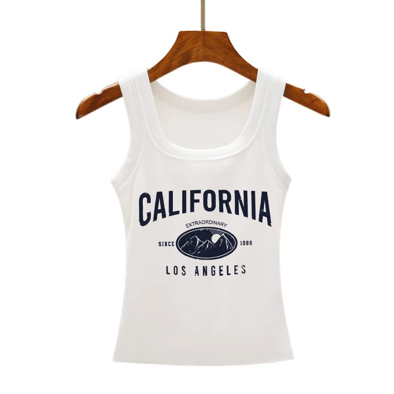 Tank Top Donna 2026 a Coste in Cotone con Stampa California Slim Streetwear - Lido nova 