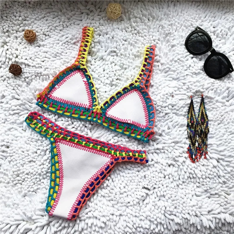 Micro Bikini Donna 2026 in Crochet Rosa Bandeau con Slip Brasiliano Sexy - Lido nova 