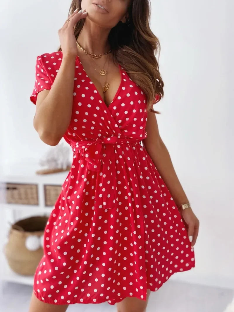 Abito Estivo Donna – Dress a Pois con Maniche Corte, Scollo a V e Cintura - Lido nova 