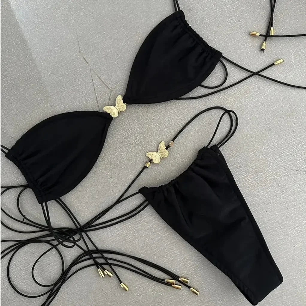 Bikini Donna 2026 Nero Stile Farfalla con Top Bandeau e Slip Brasiliano - Lido nova 