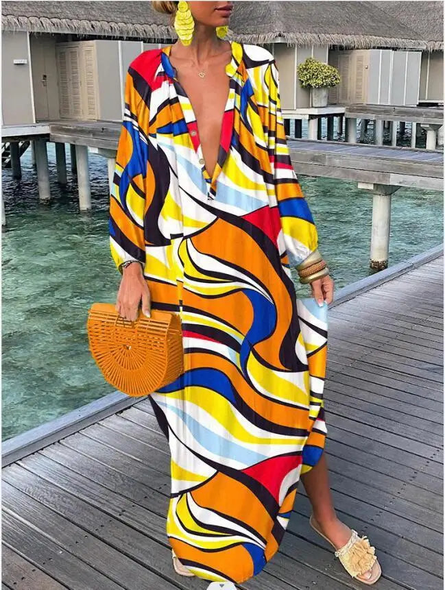 Abito Estivo Donna – Maxi Dress Boho con Stampa e Scollo a V Profondo - Lido nova 