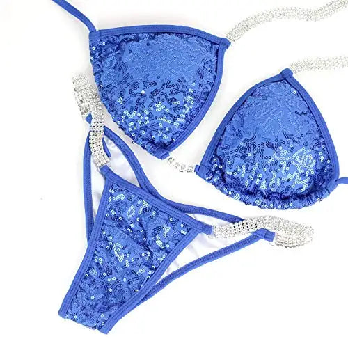 Bikini Donna 2026 da Competizione IFBB con Strass e Effetto Scrunch Azzurro - Lido nova 