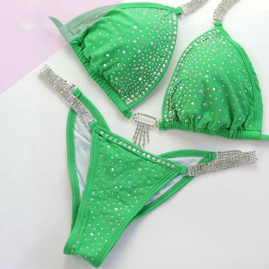 Bikini Donna 2026 da Competizione IFBB con Strass e Effetto Scrunch Azzurro - Lido nova 