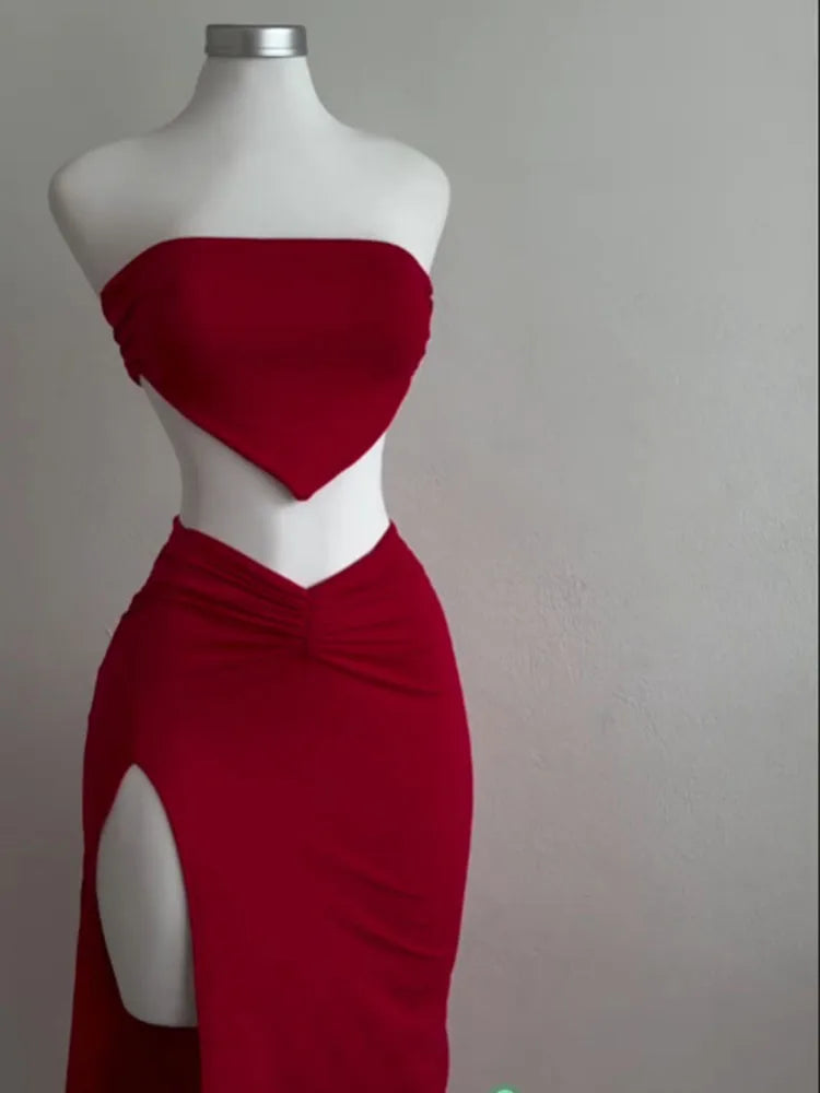 Set Estivo Donna 2026 2 Pezzi Strapless con Crop Top e Gonna Midi con Spacco - Lido nova 