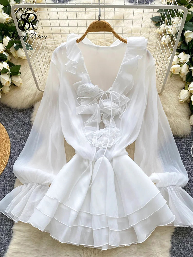 Abito Estivo Donna – Mini Dress Boho con Dettagli Floreali 3D e Maniche Lunghe - Lido nova 