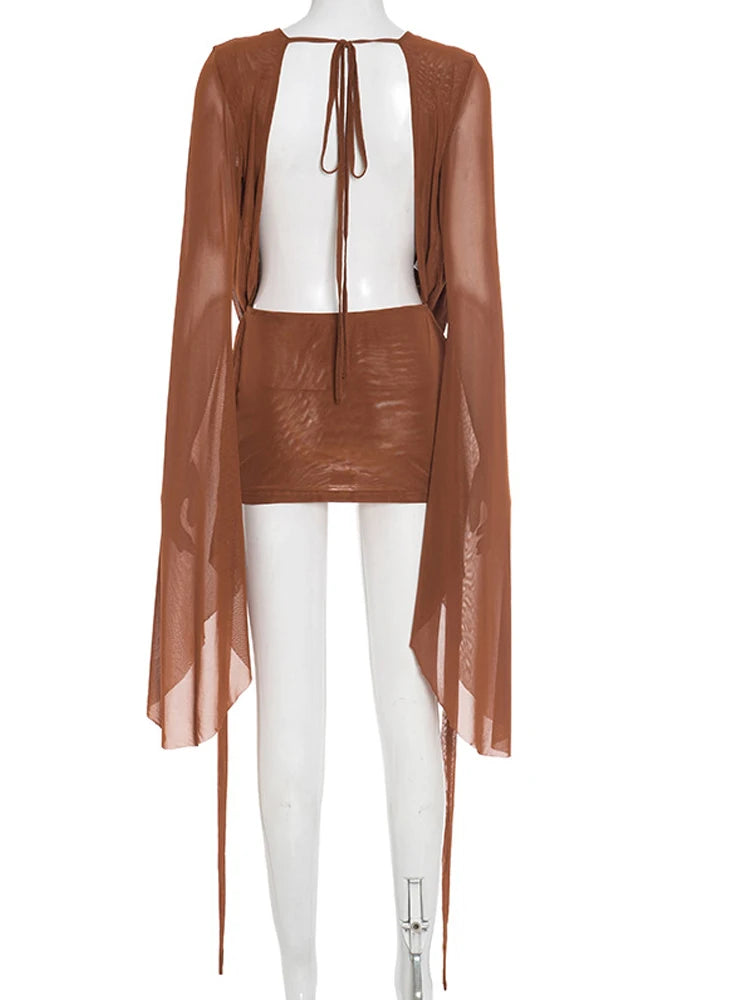 Mini Abito Estivo Donna 2026 Mesh Scollo a V Maniche Svasate - Lido nova 