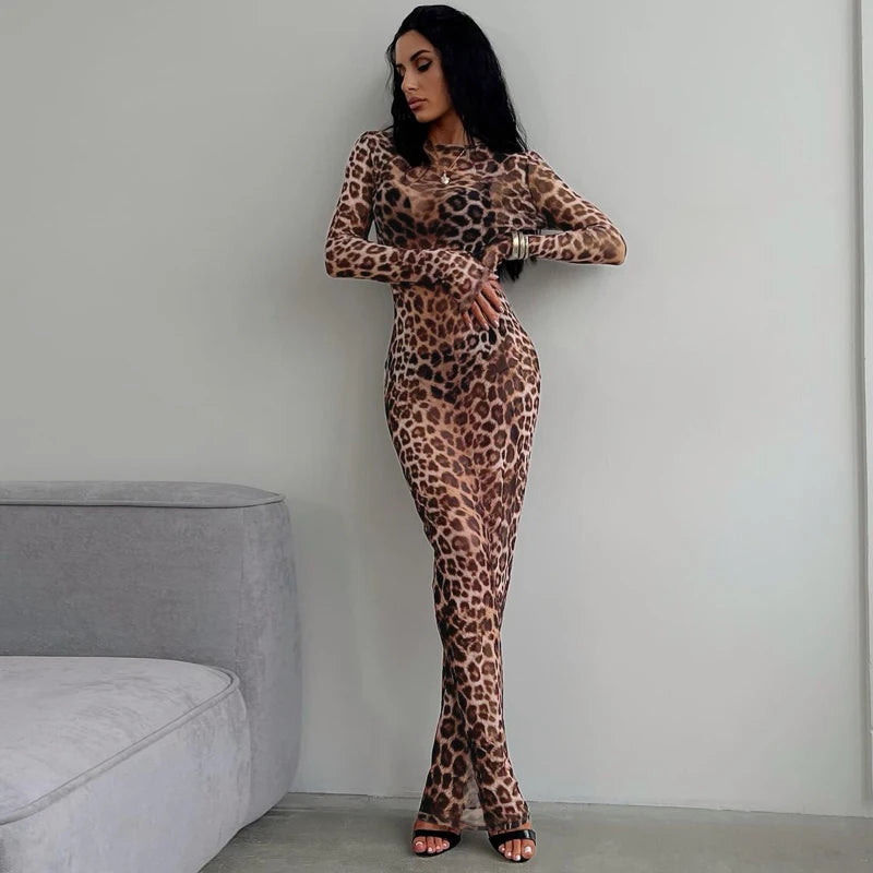 Abito Copricostume Donna 2026 Maxi Leopardato in Mesh See Through con Maniche Lunghe - Lido nova 