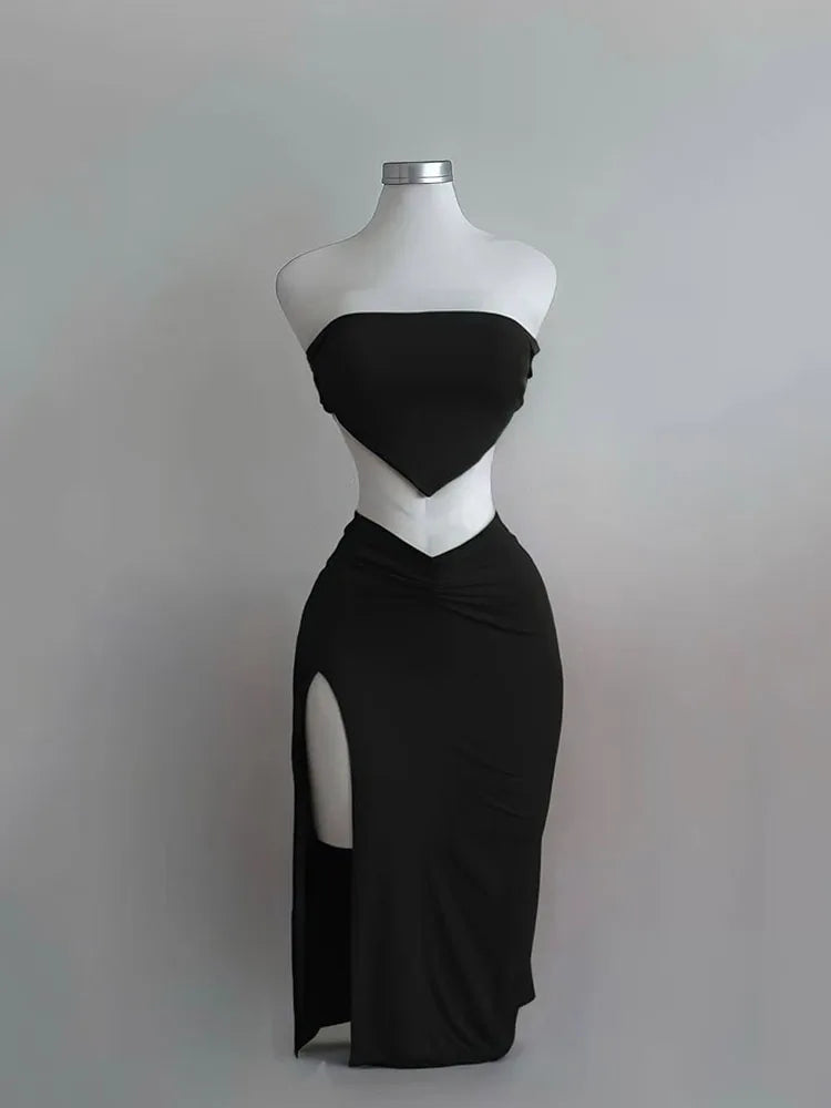 Set Estivo Donna 2026 2 Pezzi Strapless con Crop Top e Gonna Midi con Spacco