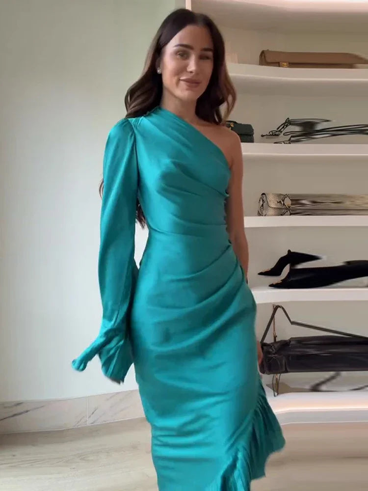 Abito Lungo Donna 2026 Monospalla con Rouches Asimmetriche Elegante da Party - Lido nova 