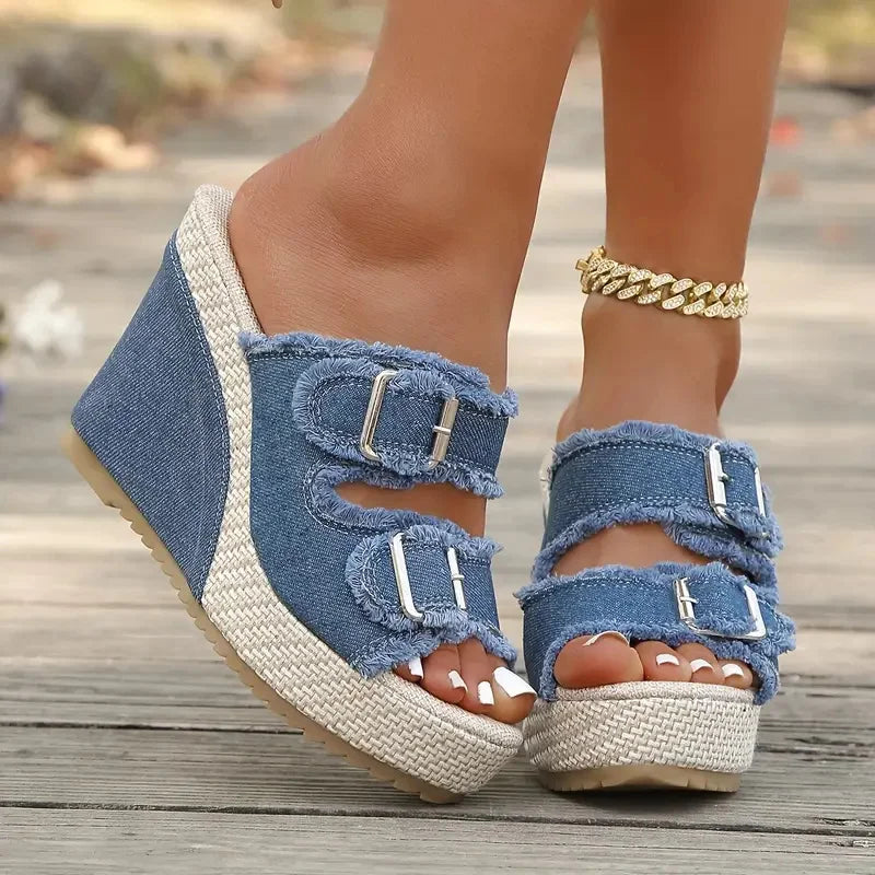 Sandali Wedge Platform Donna in Paglia & Denim – Doppia Fibbia Estate 2026