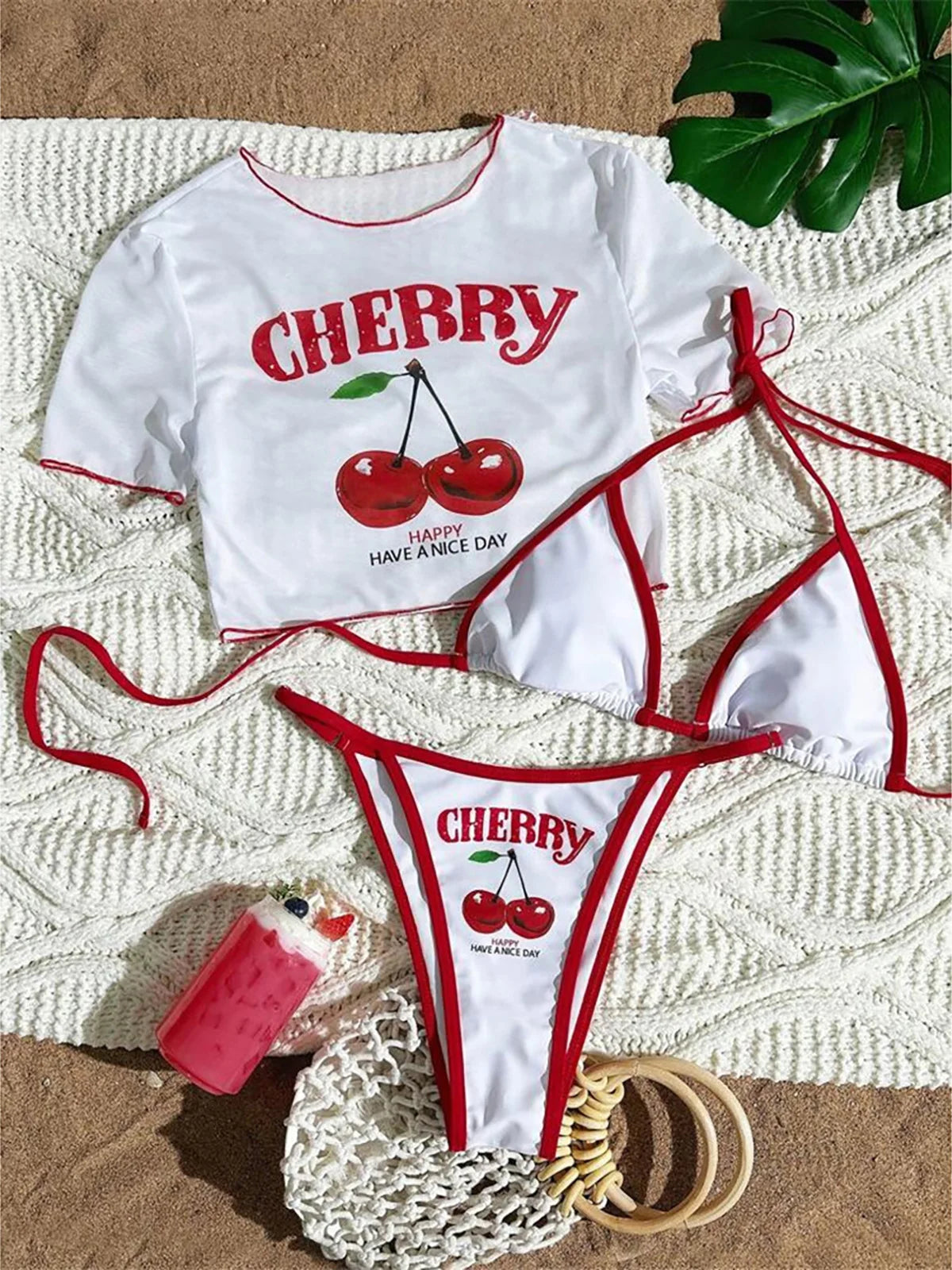 Set Bikini Donna 2026 3 Pezzi con Stampa Ciliegie e Top Manica Corta - Lido nova 