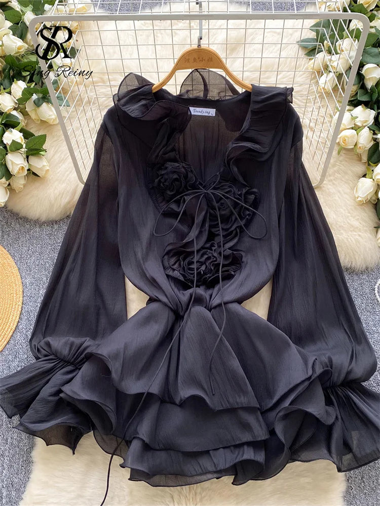 Abito Estivo Donna – Mini Dress Boho con Dettagli Floreali 3D e Maniche Lunghe - Lido nova 