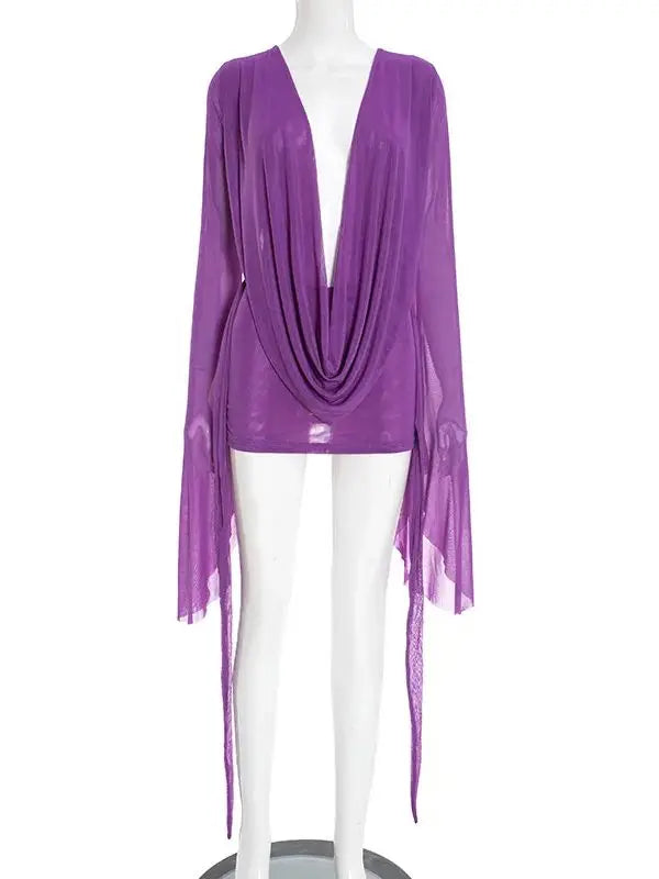 Mini Abito Estivo Donna 2026 Mesh Scollo a V Maniche Svasate - Lido nova 