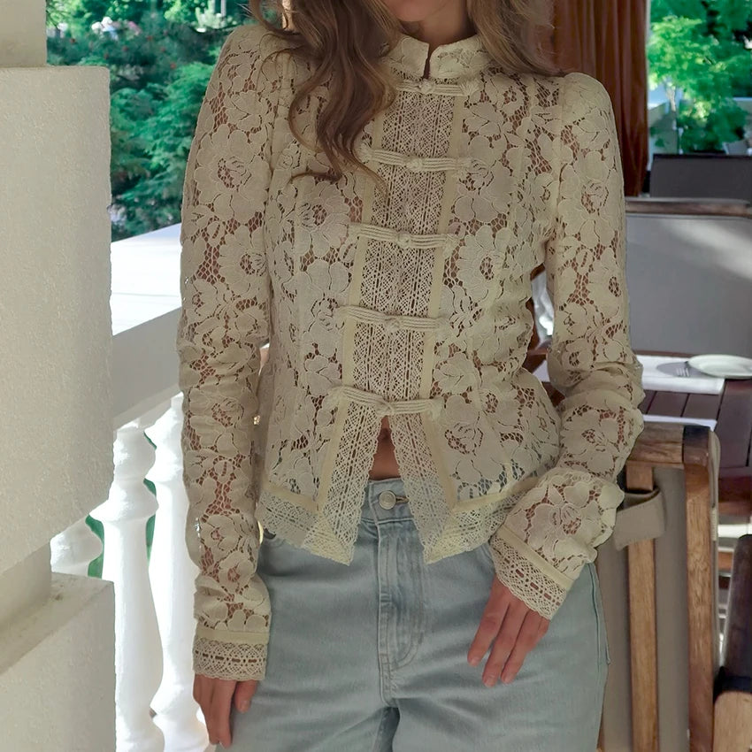 Blusa Estiva Donna 2026 Ricamata Hollow-Out Maniche Puff - Lido nova 