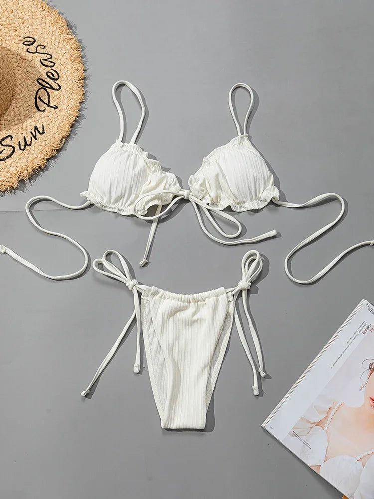 Bikini Donna 2026 a Costine Push Up Tinta Unita con Slip Sexy da Mare - Lido nova 