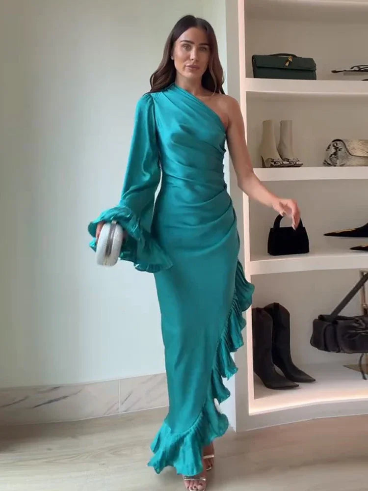 Abito Lungo Donna 2026 Monospalla con Rouches Asimmetriche Elegante da Party - Lido nova 