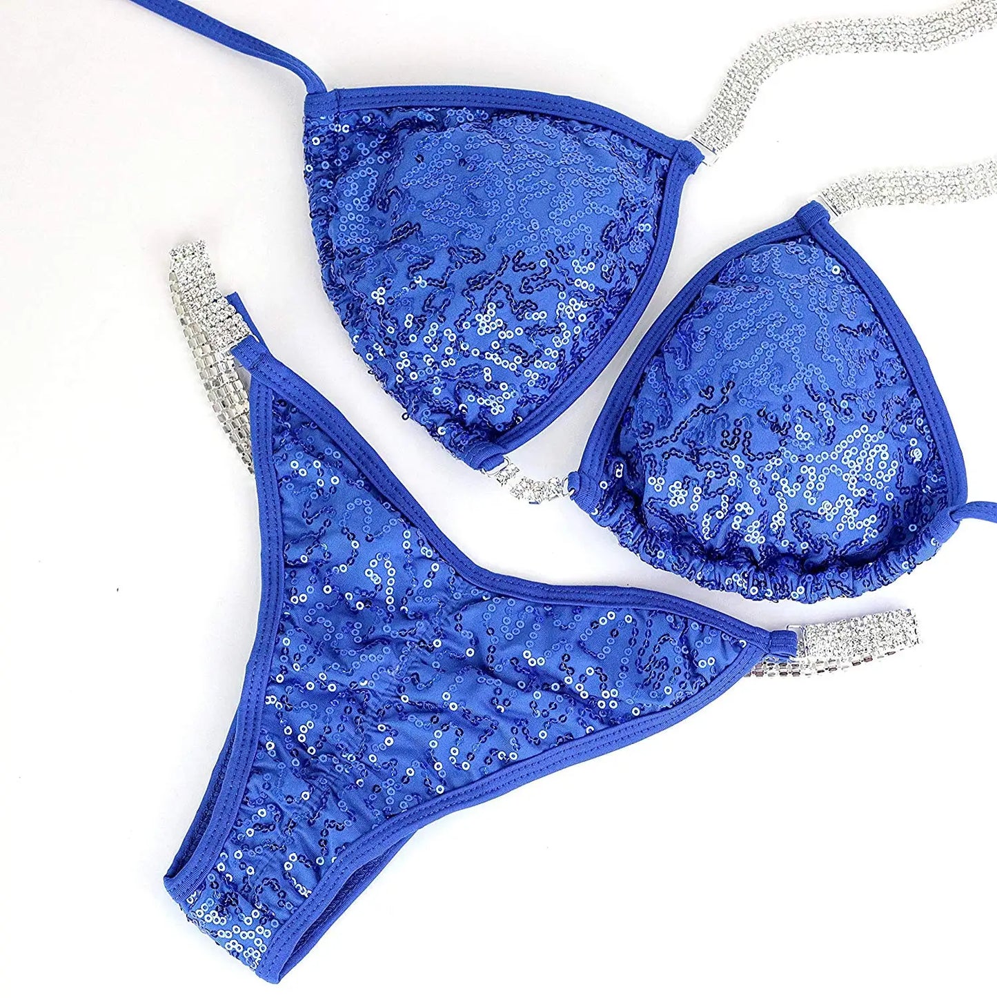 Bikini Donna 2026 da Competizione IFBB con Strass e Effetto Scrunch Azzurro - Lido nova 