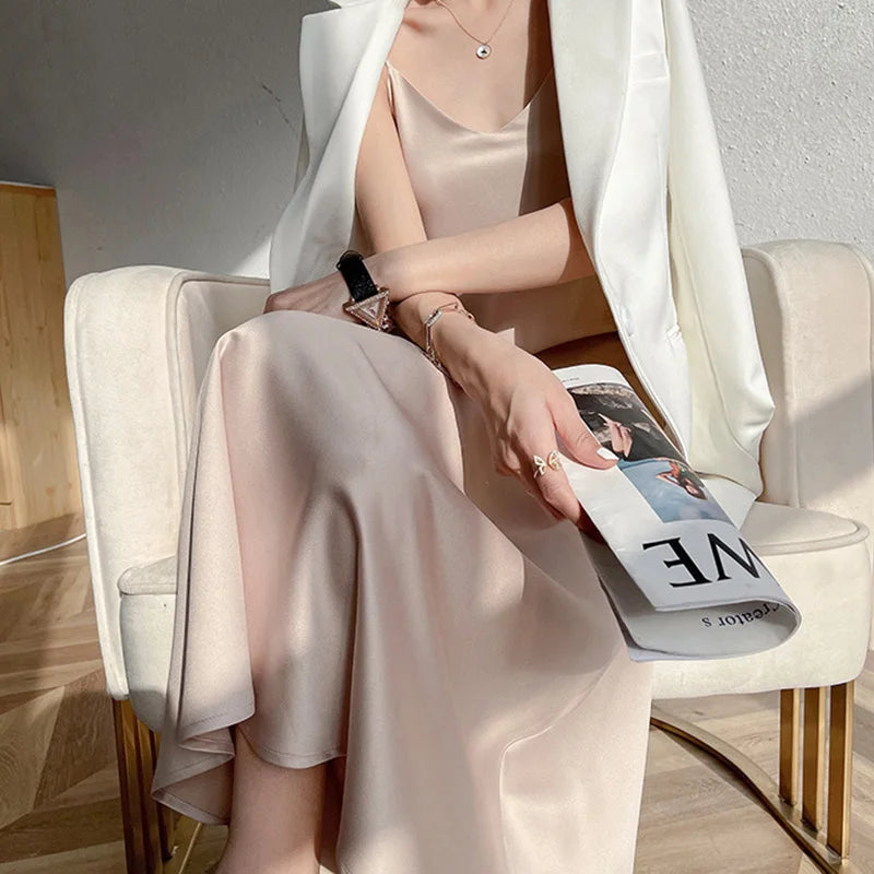 Abito Lungo Donna 2026 in Raso con Spalline e Lacci Sexy Slim Bodycon - Lido nova 