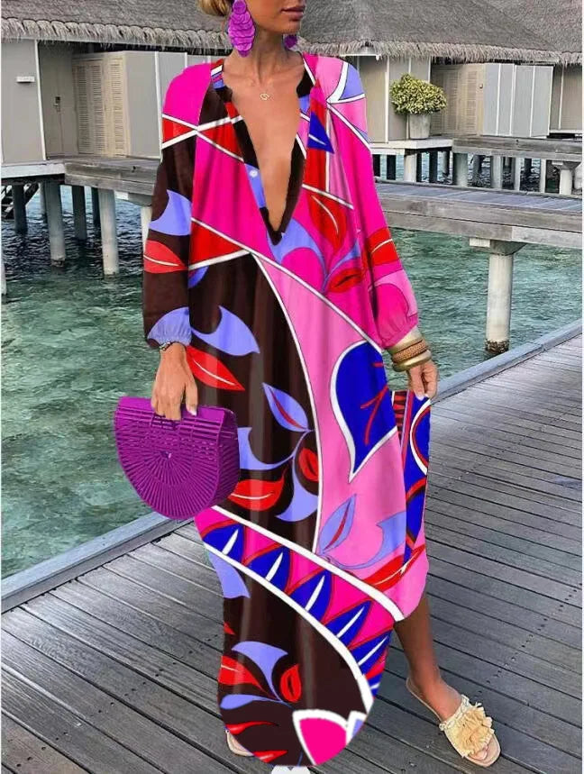 Abito Estivo Donna – Maxi Dress Boho con Stampa e Scollo a V Profondo - Lido nova 