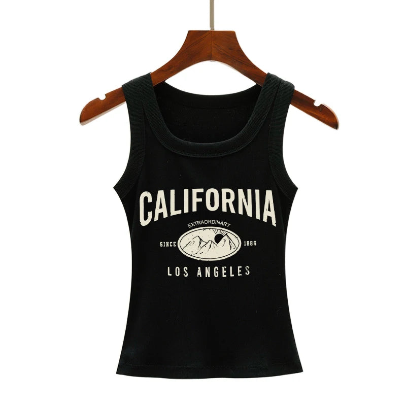 Tank Top Donna 2026 a Coste in Cotone con Stampa California Slim Streetwear - Lido nova 